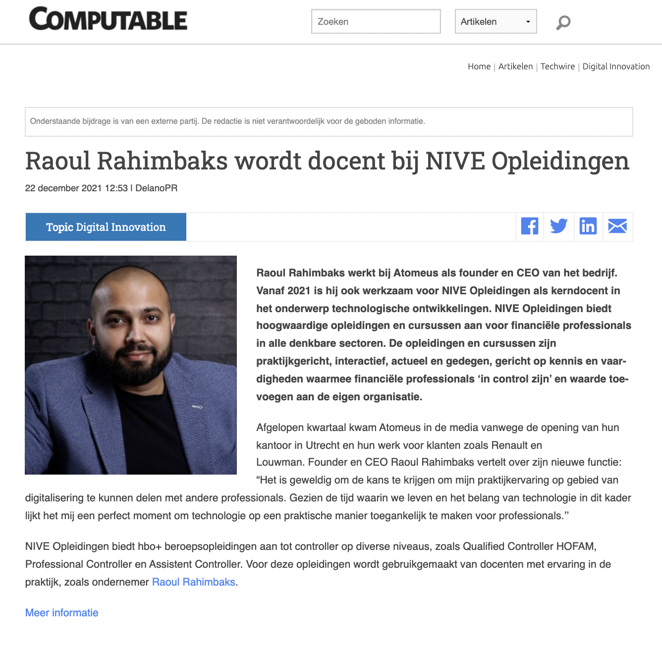 Raoul Rahimbaks wordt docent bij NIVE Opleidingen | Computable | Atomeus Technology